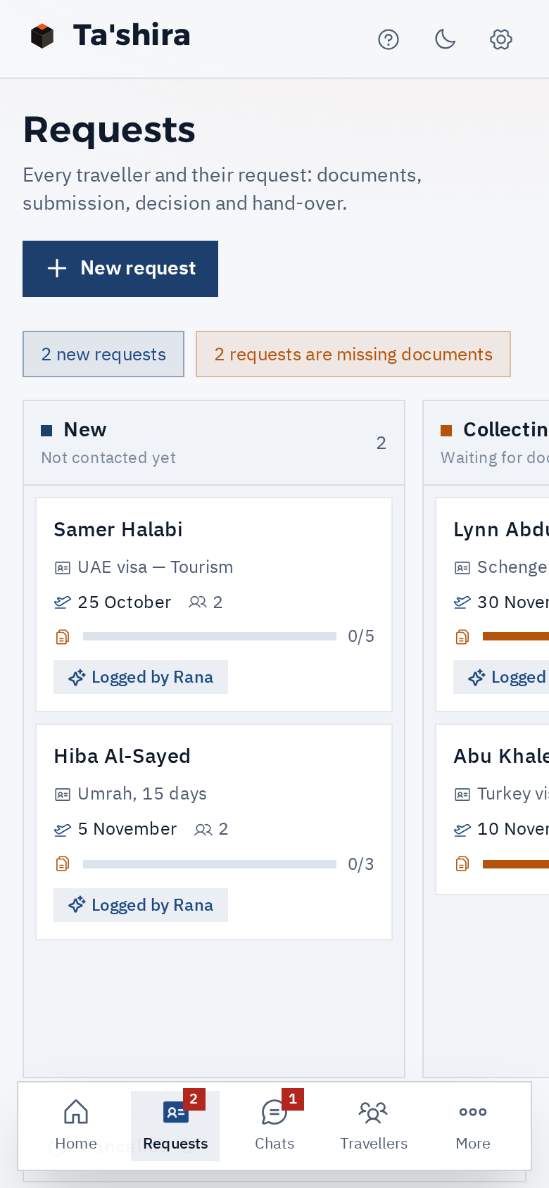 Requests on the phone: new requests and requests missing documents, each card with its documents bar