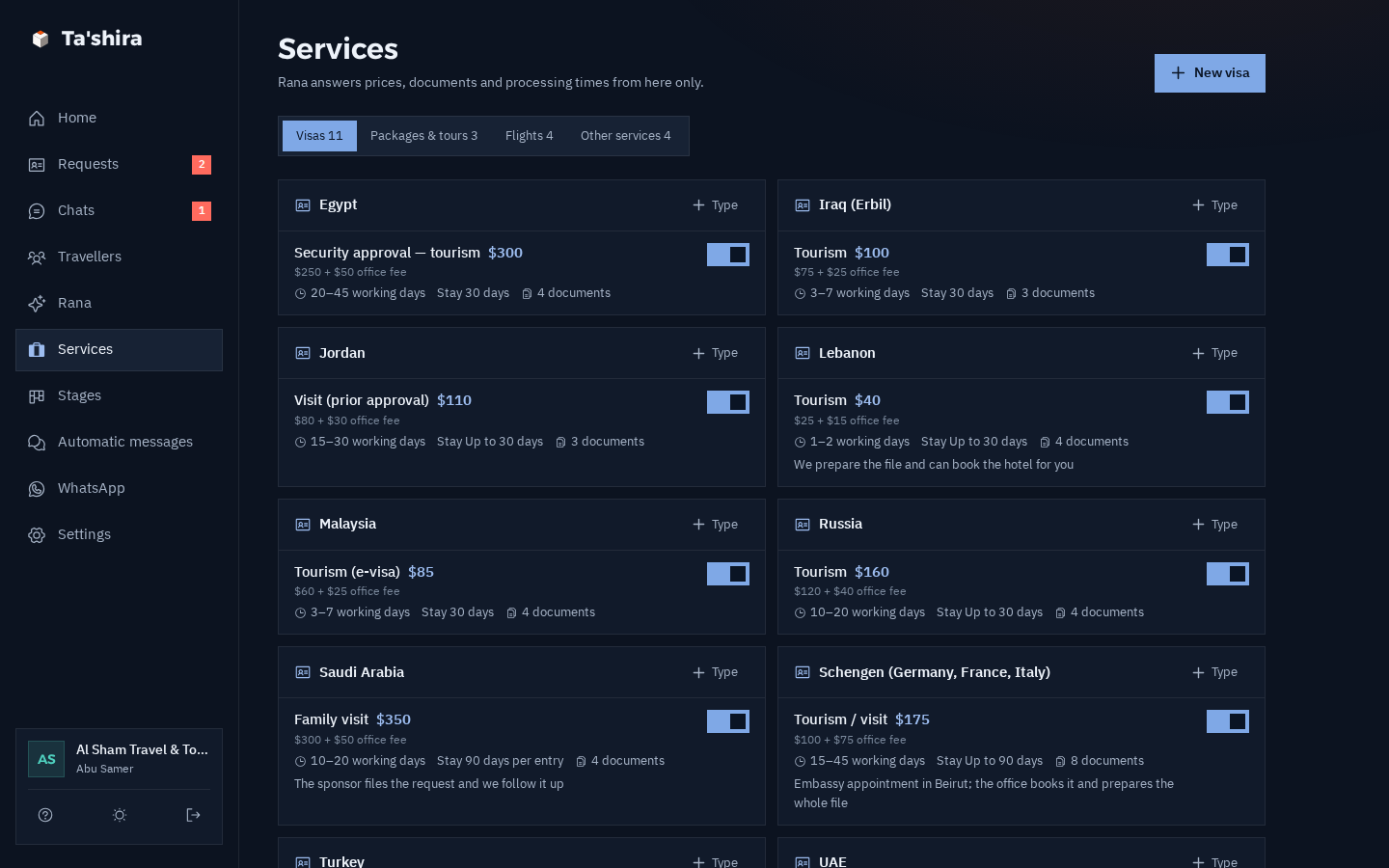 The Services page in dark mode